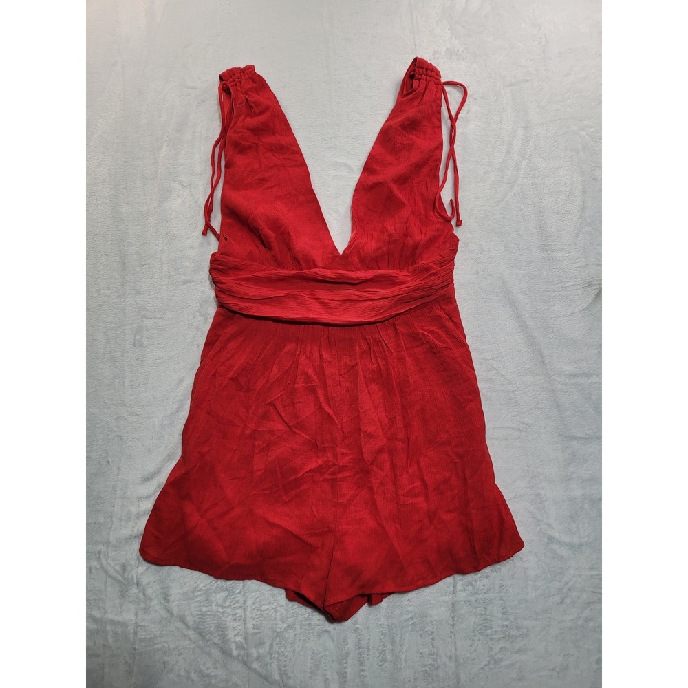 NWT One Clothing Romper Women Large Red Deep V-Neck Smocked Back Boho Summer